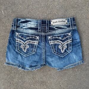Rock Revival Vivian Bling Raw Hem Denim Jean Shorts Blue Size 28 E8377H39
